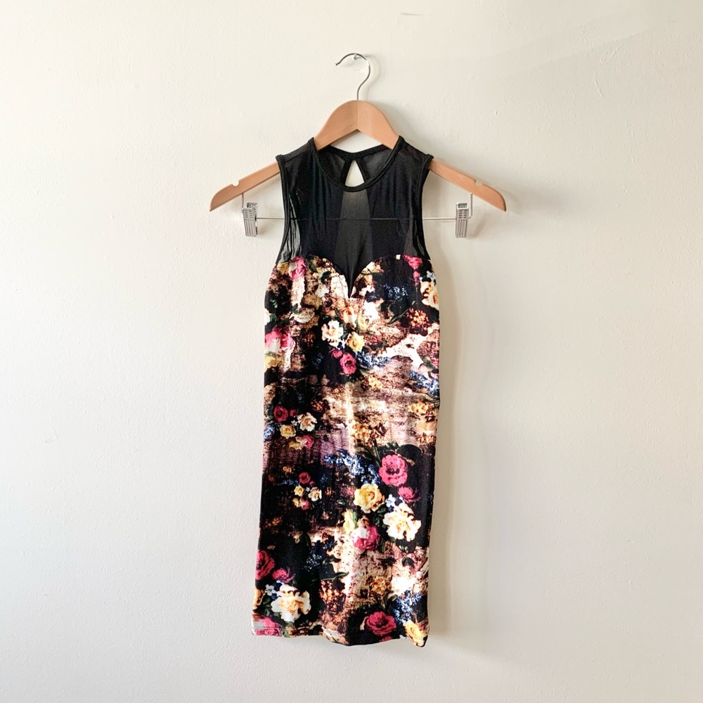 NEW Floral Print Bodycon Dress with Mesh Yoke